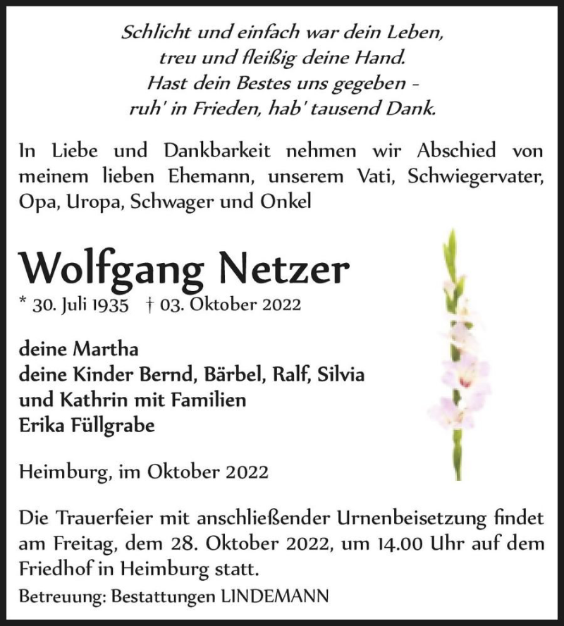  Traueranzeige für Wolfgang Netzer  vom 15.10.2022 aus Magdeburger Volksstimme