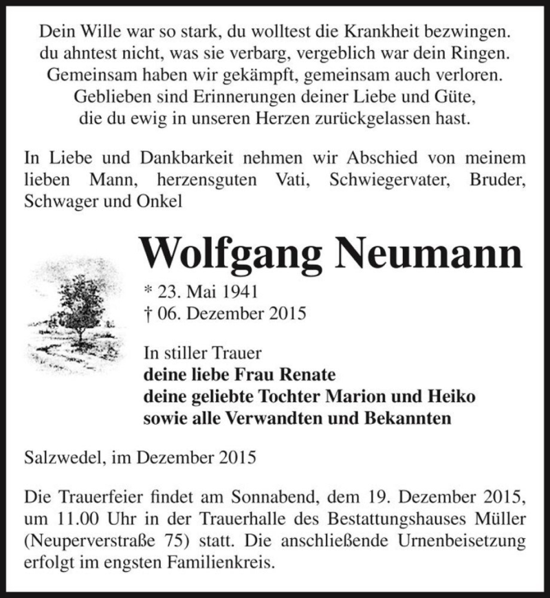  Traueranzeige für Wolfgang Neumann  vom 08.12.2015 aus Magdeburger Volksstimme