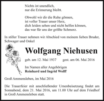 Traueranzeige von Wolfgang Niehusen  von Magdeburger Volksstimme