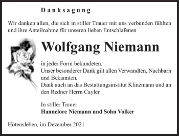 Traueranzeige von Wolfgang Niemann  von Magdeburger Volksstimme