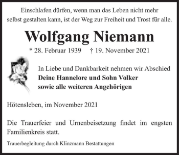 Traueranzeige von Wolfgang Niemann  von Magdeburger Volksstimme