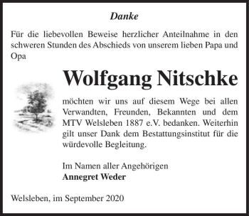 Traueranzeige von Wolfgang Nitschke  von Magdeburger Volksstimme
