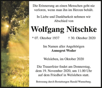 Traueranzeige von Wolfgang Nitschke  von Magdeburger Volksstimme