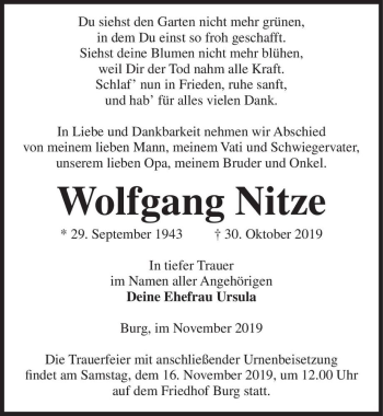 Traueranzeige von Wolfgang Nitze  von Magdeburger Volksstimme