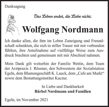 Traueranzeige von Wolfgang Nordmann  von Magdeburger Volksstimme