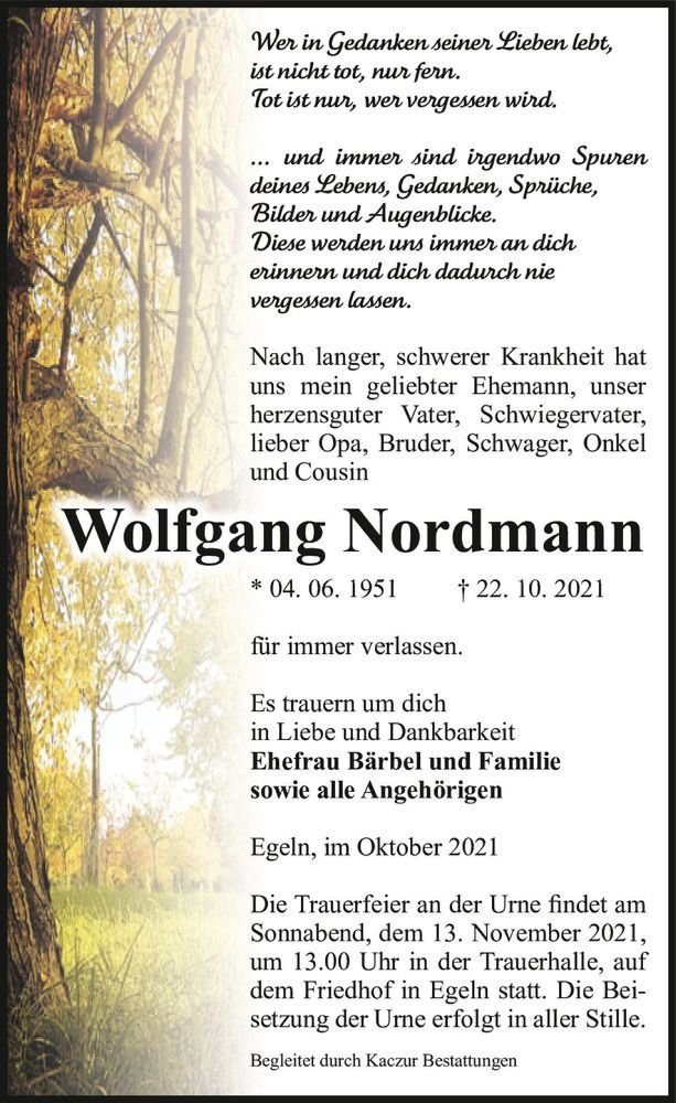  Traueranzeige für Wolfgang Nordmann  vom 28.10.2021 aus Magdeburger Volksstimme
