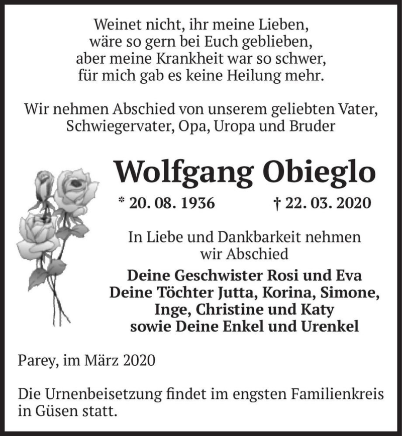  Traueranzeige für Wolfgang Obieglo  vom 01.04.2020 aus Magdeburger Volksstimme