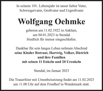 Traueranzeige von Wolfgang Oehmke  von Magdeburger Volksstimme