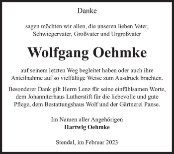 Traueranzeige von Wolfgang Oehmke  von Magdeburger Volksstimme