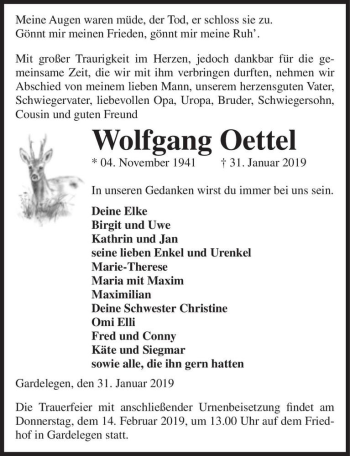 Traueranzeige von Wolfgang Oettel  von Magdeburger Volksstimme