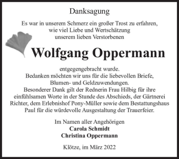 Traueranzeige von Wolfgang Oppermann  von Magdeburger Volksstimme