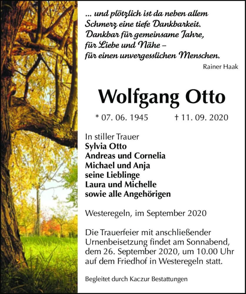  Traueranzeige für Wolfgang Otto  vom 19.09.2020 aus Magdeburger Volksstimme