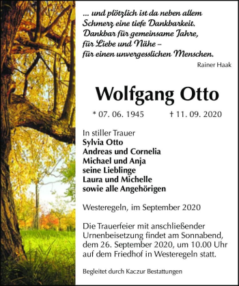 Traueranzeige von Wolfgang Otto  von Magdeburger Volksstimme