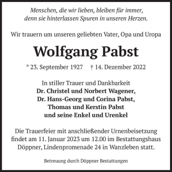 Traueranzeige von Wolfgang Pabst  von Magdeburger Volksstimme