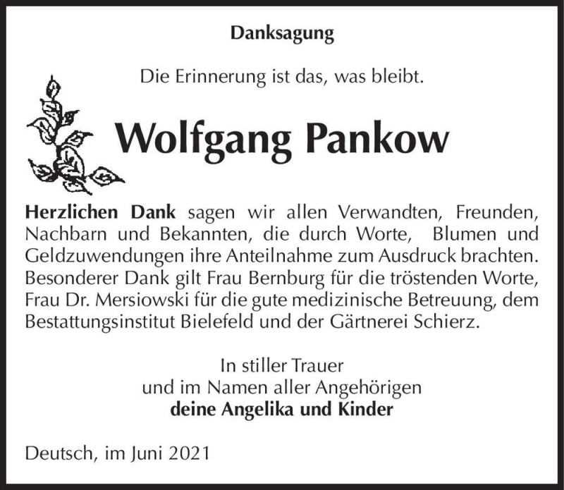  Traueranzeige für Wolfgang Pankow  vom 22.07.2021 aus Magdeburger Volksstimme