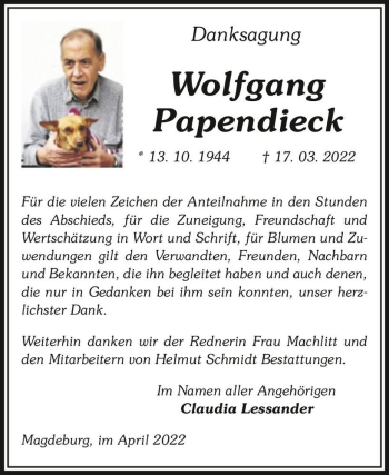 Traueranzeige von Wolfgang Papendieck  von Magdeburger Volksstimme