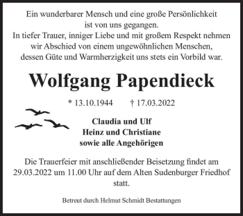 Traueranzeige von Wolfgang Papendieck  von Magdeburger Volksstimme