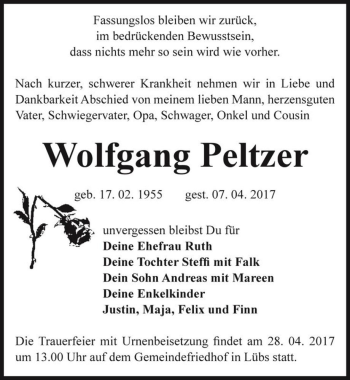Traueranzeige von Wolfgang Peltzer  von Magdeburger Volksstimme