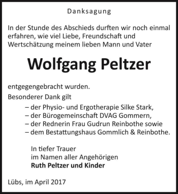 Traueranzeige von Wolfgang Peltzer  von Magdeburger Volksstimme