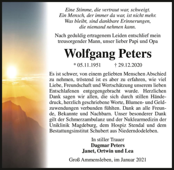 Traueranzeige von Wolfgang Peters  von Magdeburger Volksstimme