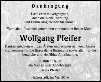 Traueranzeige von Wolfgang Pfeifer  von Magdeburger Volksstimme