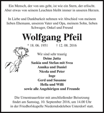 Traueranzeige von Wolfgang Pfeil  von Magdeburger Volksstimme