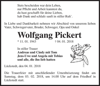 Traueranzeige von Wolfgang Pickert  von Magdeburger Volksstimme