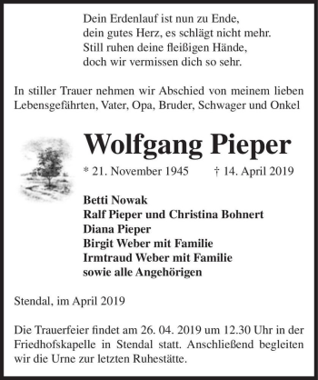 Traueranzeige von Wolfgang Pieper  von Magdeburger Volksstimme