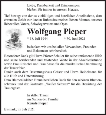 Traueranzeige von Wolfgang Pieper  von Magdeburger Volksstimme