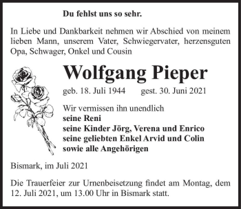 Traueranzeige von Wolfgang Pieper  von Magdeburger Volksstimme
