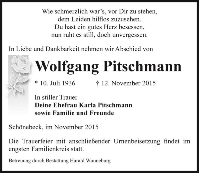  Traueranzeige für Wolfgang Pitschmann  vom 21.11.2015 aus Magdeburger Volksstimme