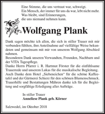 Traueranzeige von Wolfgang Plank  von Magdeburger Volksstimme