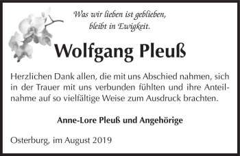 Traueranzeige von Wolfgang Pleuß  von Magdeburger Volksstimme