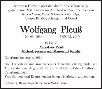 Traueranzeige von Wolfgang Pleuß  von Magdeburger Volksstimme