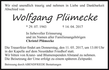 Traueranzeige von Wolfgang Plümecke  von Magdeburger Volksstimme