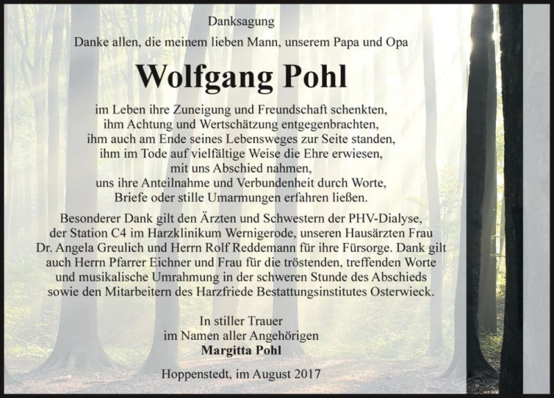  Traueranzeige für Wolfgang Pohl  vom 26.08.2017 aus Magdeburger Volksstimme
