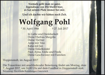 Traueranzeige von Wolfgang Pohl  von Magdeburger Volksstimme