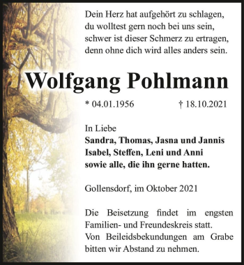 Traueranzeige von Wolfgang Pohlmann  von Magdeburger Volksstimme