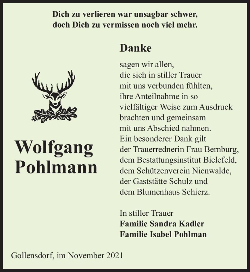  Traueranzeige für Wolfgang Pohlmann  vom 18.11.2021 aus Magdeburger Volksstimme