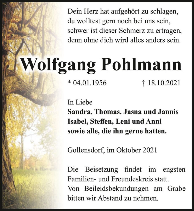  Traueranzeige für Wolfgang Pohlmann  vom 29.10.2021 aus Magdeburger Volksstimme