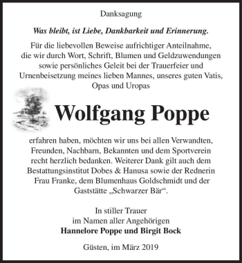 Traueranzeige von Wolfgang Poppe  von Magdeburger Volksstimme