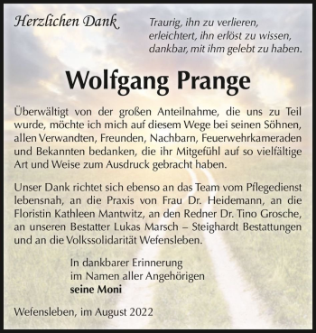 Traueranzeige von Wolfgang Prange  von Magdeburger Volksstimme