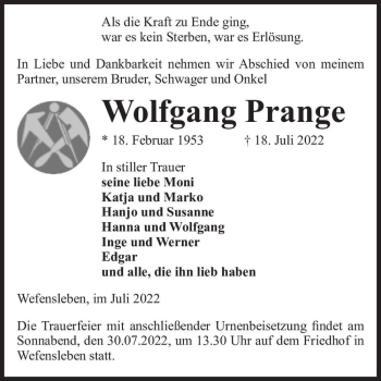 Traueranzeige von Wolfgang Prange  von Magdeburger Volksstimme