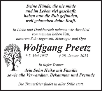 Traueranzeige von Wolfgang Preetz  von Magdeburger Volksstimme