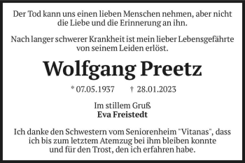 Traueranzeige von Wolfgang Preetz  von Magdeburger Volksstimme