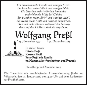 Traueranzeige von Wolfgang Preßl  von Magdeburger Volksstimme