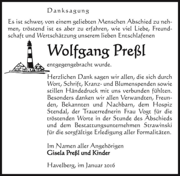 Traueranzeige von Wolfgang Preßl  von Magdeburger Volksstimme