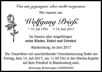 Traueranzeige von Wolfgang Prieß  von Magdeburger Volksstimme