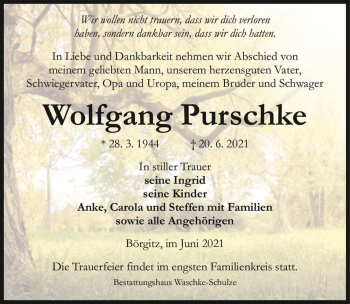 Traueranzeige von Wolfgang Purschke  von Magdeburger Volksstimme