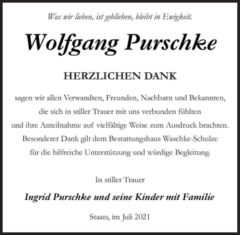 Traueranzeige von Wolfgang Purschke  von Magdeburger Volksstimme